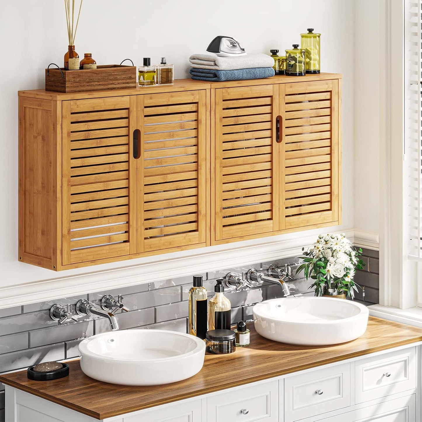 VIAGDO Bathroom Cabinet Hanging Bamboo Wall Cabinet Kitchen Cabinet Bathroom Shelf Medicine Cabinet with Height-Adjustable Shelf Bathroom Cabinet Wall Mounted Wall Shelf 20.7 x 59 x 51 cm