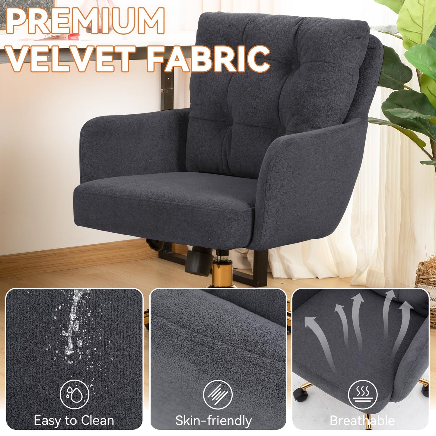 Schreibtischstuhl Polsterstuhl Samt, 360° Drehstuhl mit Rollen, Armlehnstuhl Höhenverstellbar mit Metallbeinen und Kissen, Bürostuhl Beige