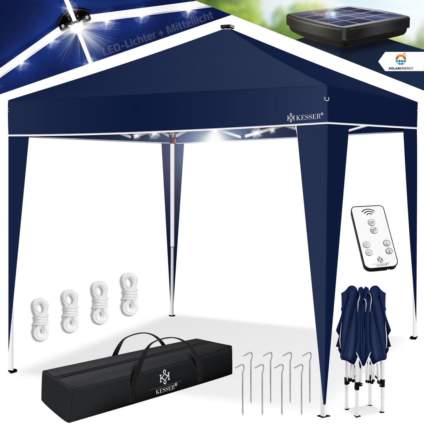 KESSER® Folding Gazebo 3 x 3 m with LED Lighting, Pop-Up Garden Gazebo, Height Adjustable, Stable, Waterproof, Winterproof, Party Tent, Marquee, UV Protection 50+, Includes Remote Control and Bag