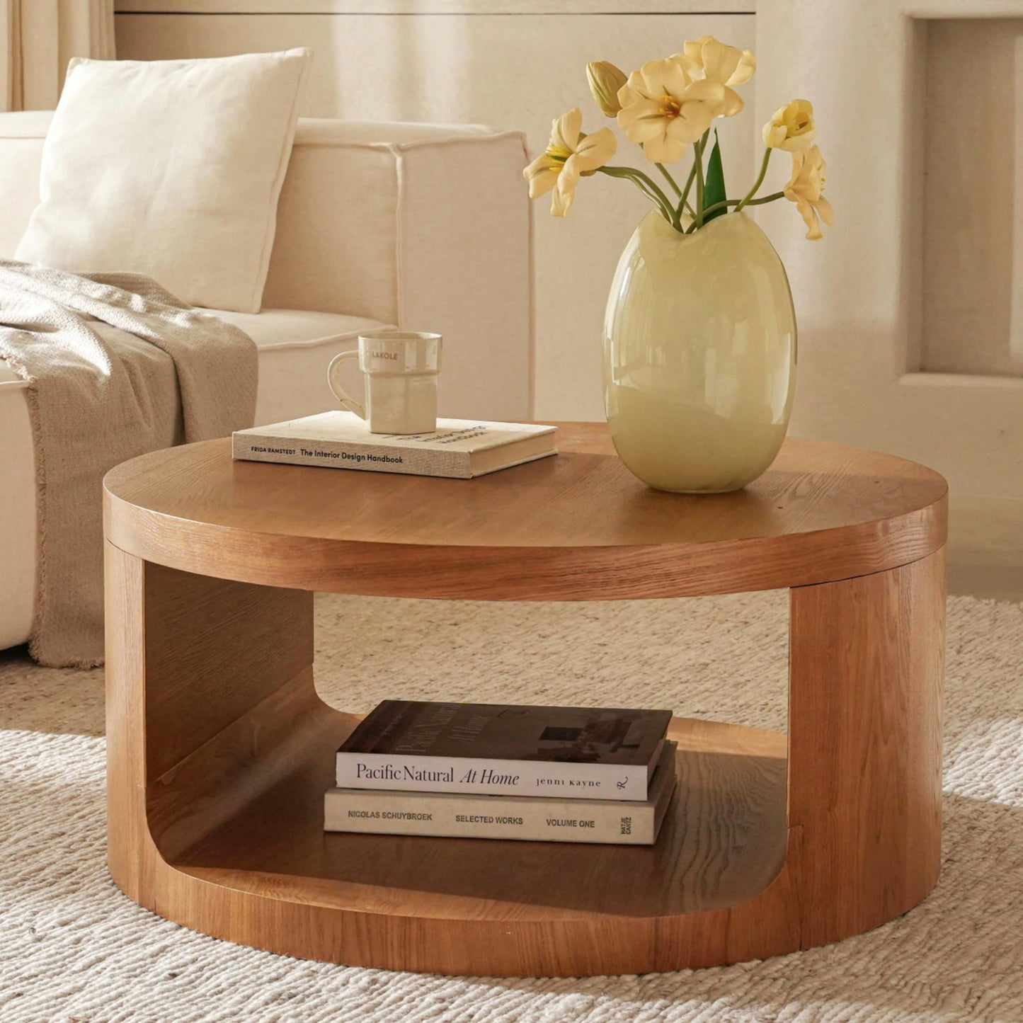 Round Wooden Coffee Table, Living Room Table with Large Storage Space, Coffee Table No Assembly Required, Modern Sofa Table for Living Room, Bedroom, Diameter 80 x 36 cm, Coffee Table (Black)