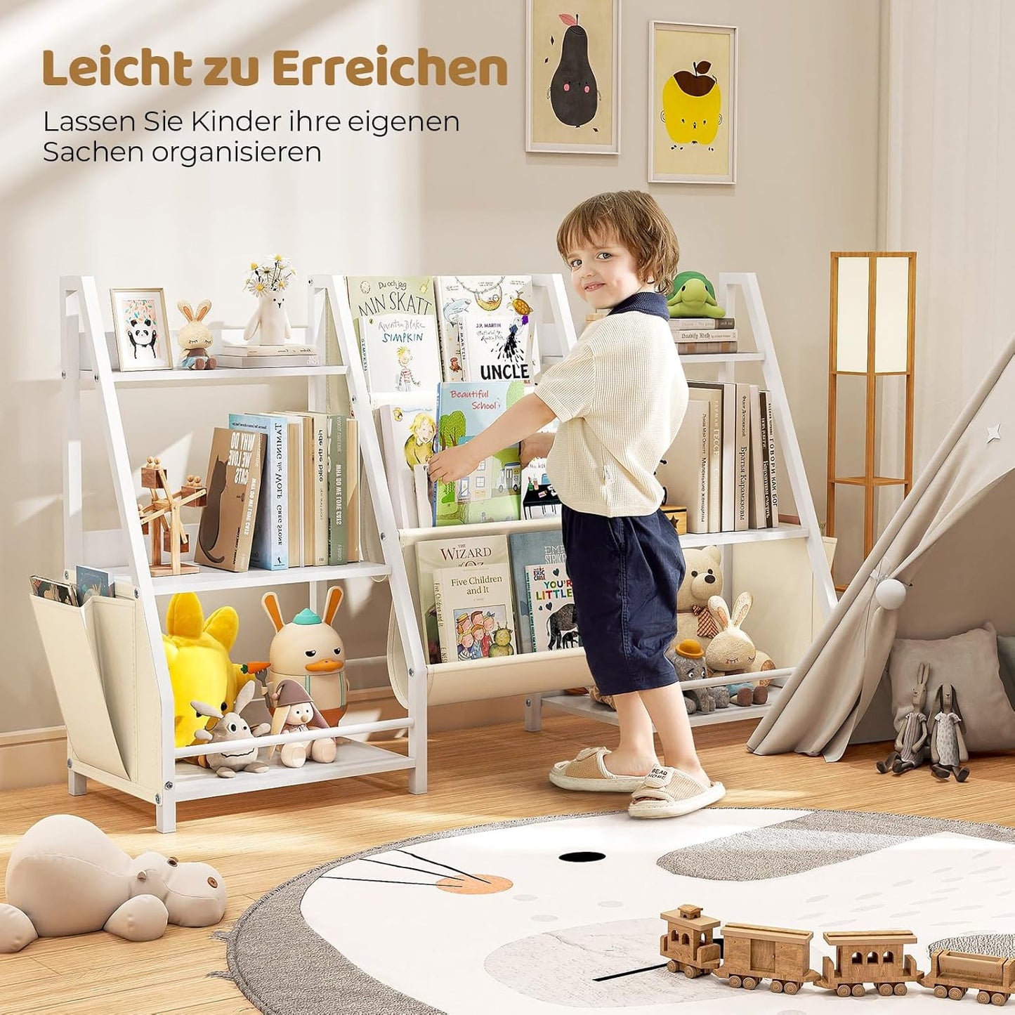 Children's Bookcase with 3 Shelves and 6 Open Compartments, Children's Bookcase for Storing Picture Books and Toys, 127 x 30 x 72 cm, White Children's Room Furniture