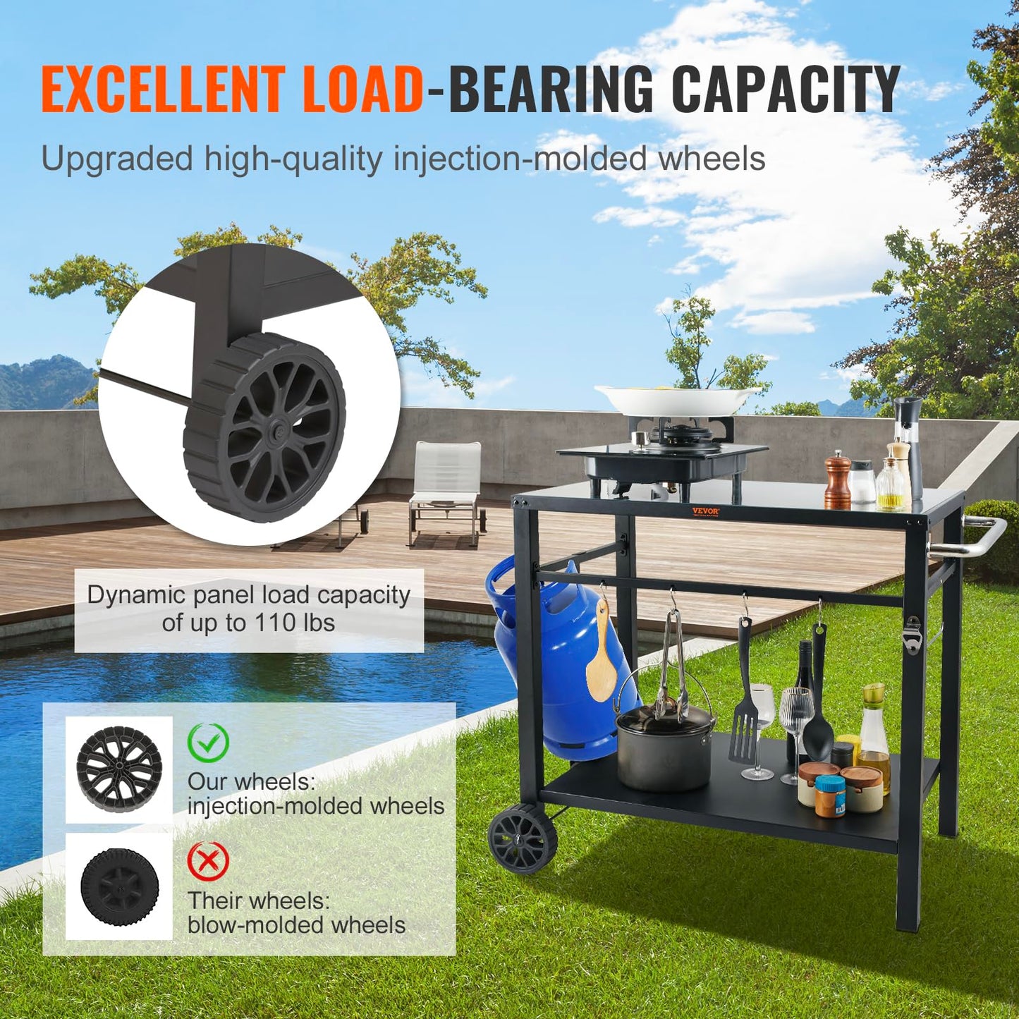 VEVOR Serving Trolley, Kitchen Trolley, 100 x 64 x 83.5 cm, Outdoor Barbecue Dining Trolley with Double Shelf, Movable Grill Table for Preparing Food, Multifunctional Iron Table Top, Black