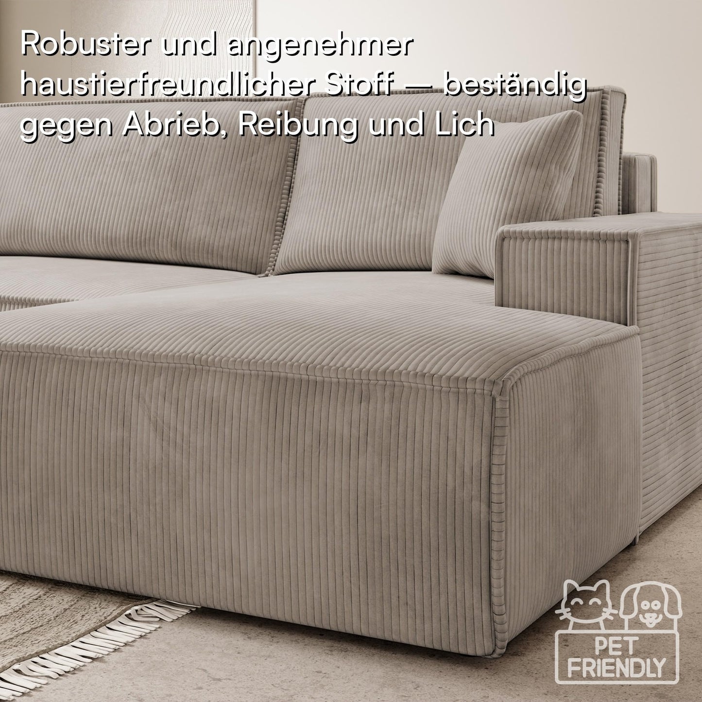 Selsey Sofa Corner Sofa Bed Couch with Storage Space Sleep Function Easy Care Polyurethane Foam L Shape Right Farese Beige Corduroy Look
