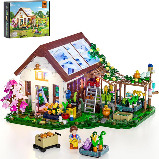 FUNWHOLE Botanical Greenhouse Illuminated Building Block Set - Farm Flower House with LED Light, Modular Model Kit, 1428 Pieces for Adults and Teenagers Who Love Flowers and Plants