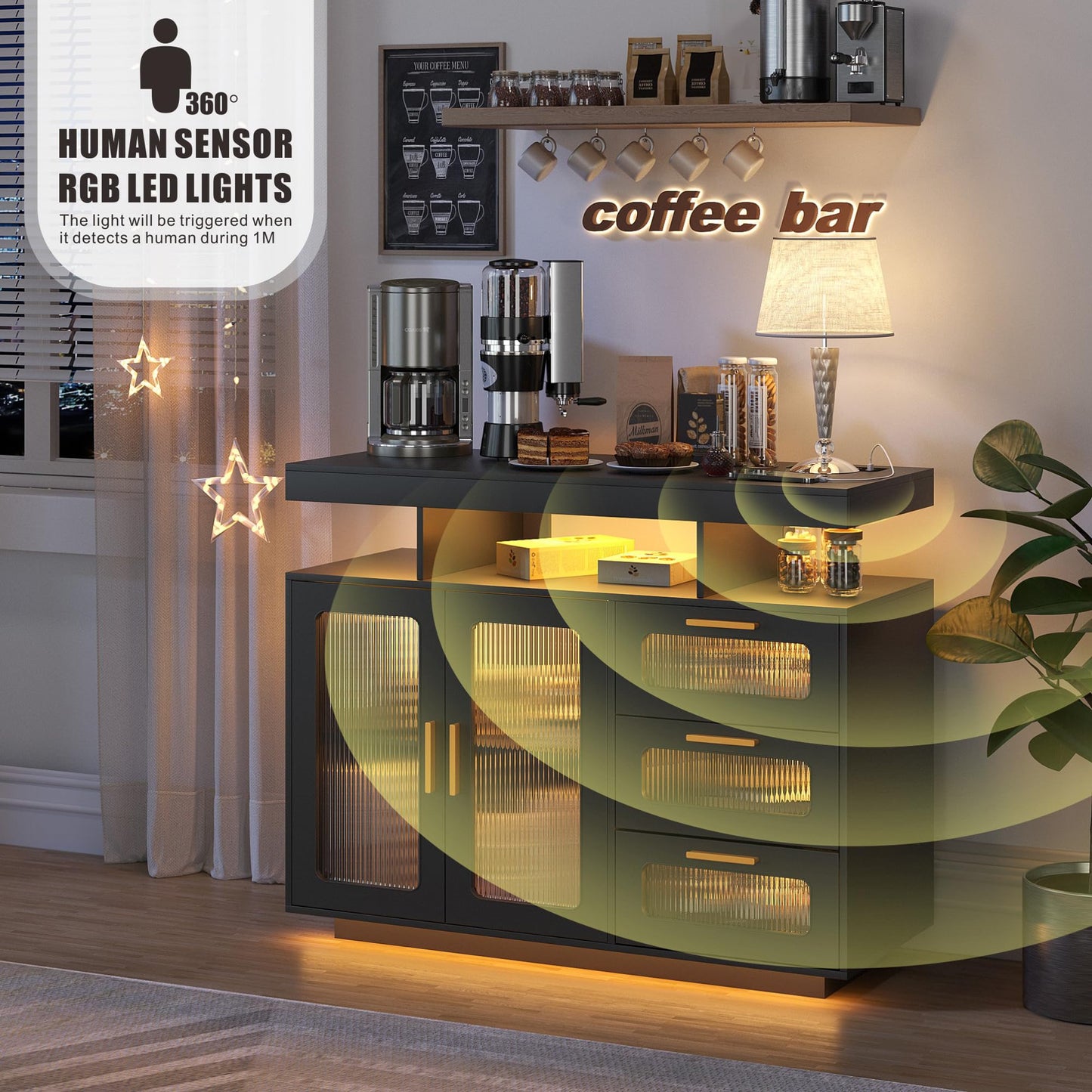 FREDEES RGB Kitchen Cabinet with Charging Station & LED Lighting, Sideboard Buffet Cabinet with Storage Space for Kitchen and Dining Room, Grey