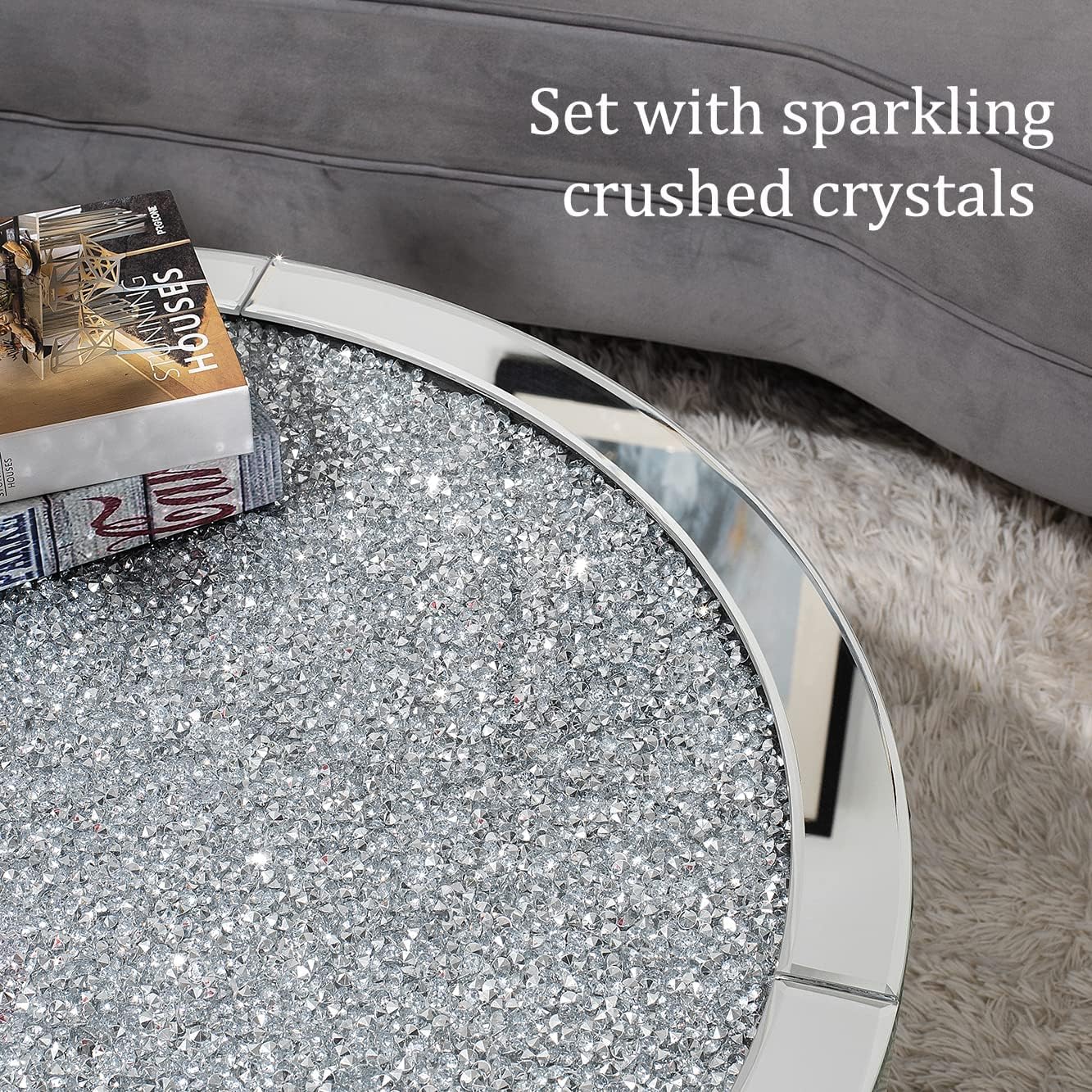 SHYFOY Mirrored Coffee Table Crystal, Round Living Room Table, Sofa Table for Living Room, Top with Crystal Diamonds, MDF Structure, Easy Assembly, Luxurious Mirror Furniture, Silver