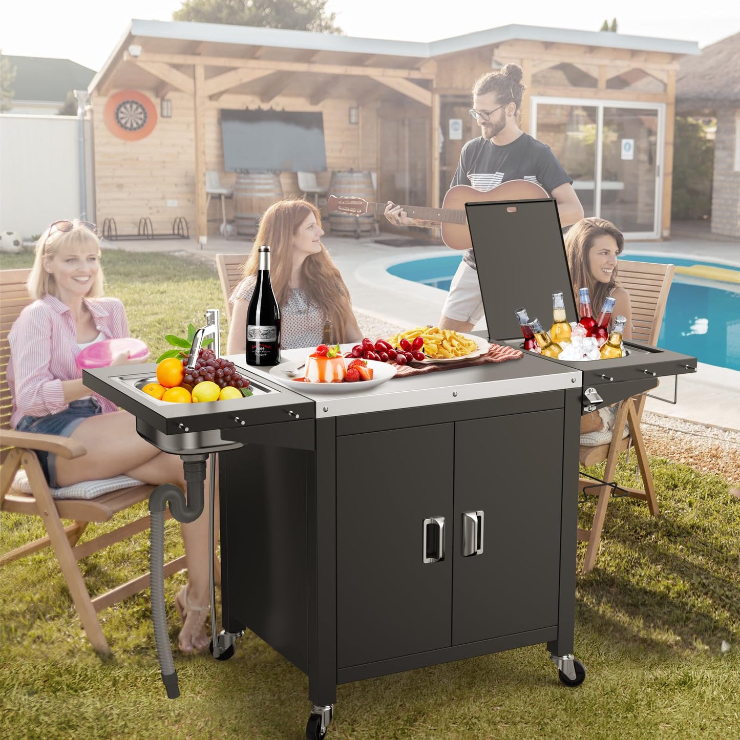 GFTIME Barbecue Trolley, 154 x 63 x 89 cm, Outdoor Kitchen Trolley, Outdoor Kitchen, Grill Table for Onni Pizza Ovens, Outdoor Kitchen for Ninja Woodfire and Weber Q Series, Mobile Pizza Oven Table