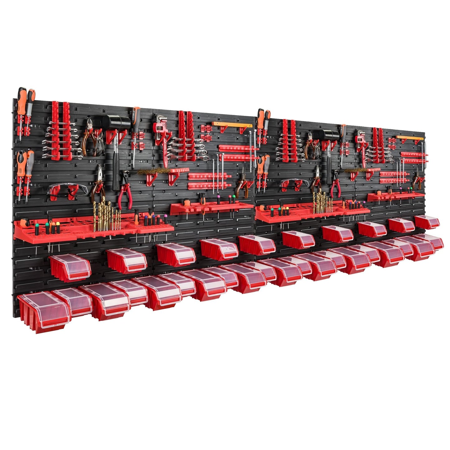 Storage System Wall Shelf 230 x 78 cm, Tool Holders, 46 Pieces Stacking Boxes, Storage Shelves, Storage Boxes, Extra-Strong Wall Shelves, Expandable Workshop Shelving, Workshop Shelves
