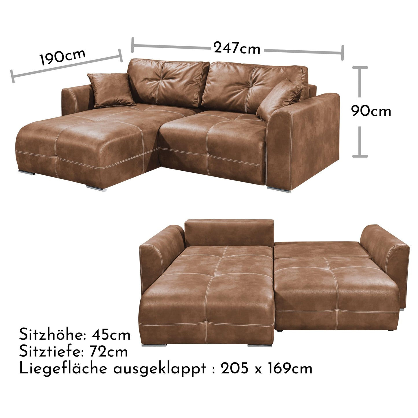 Dolan Comfortable Sofa Bed in Leather Look with Bed Box, Light Brown, Extendable Sofa with Sleep Function, 245 x 85 x 115 cm (W x H x D)