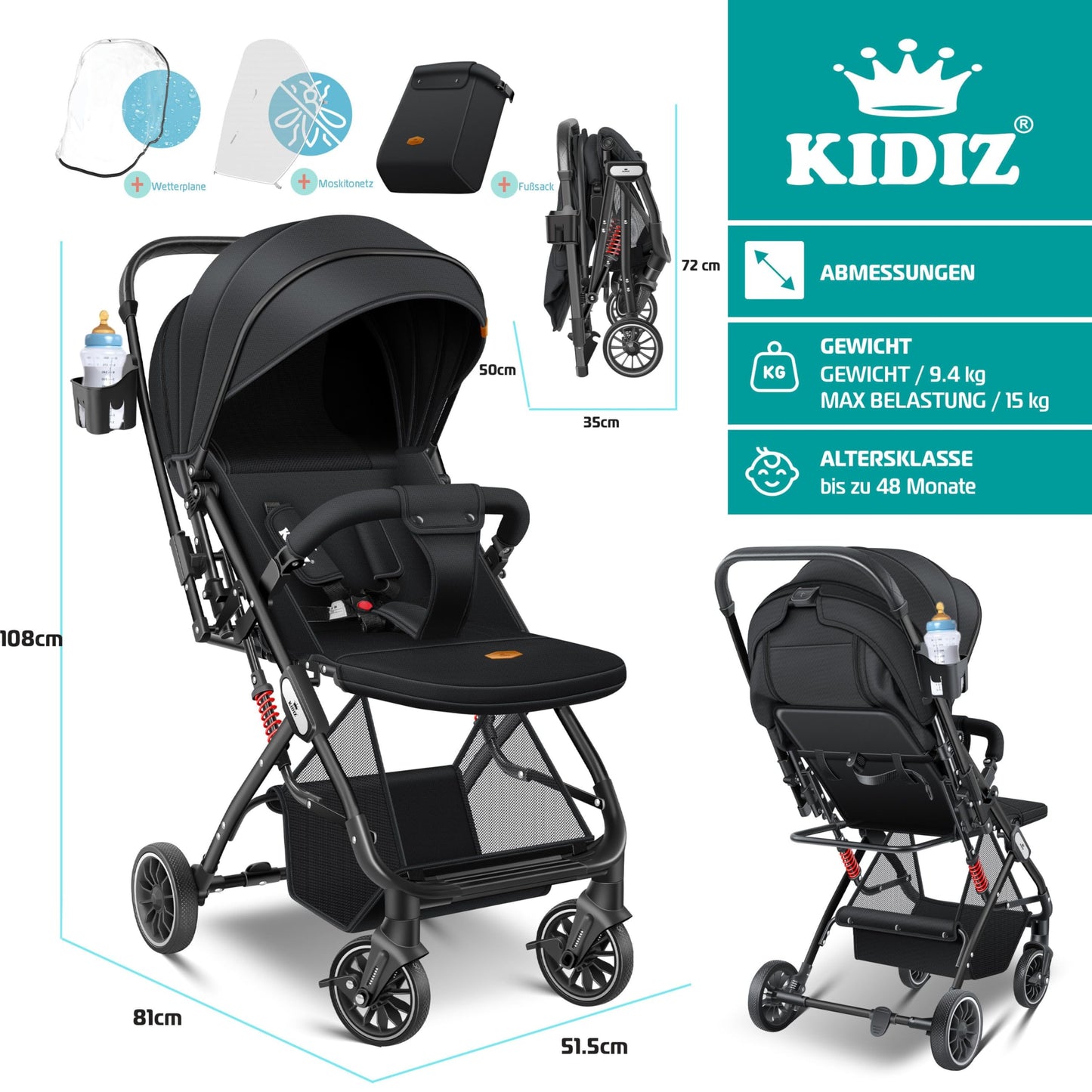 KIDIZ® Folding Pushchair Pushchair Pushchair Sports Pram Foldable 360° Wheels 5-Point Strap Including Footmuff, Drink Holder, Rain Cover & Mosquito Net Adjustable Backrest & Sun Canopy