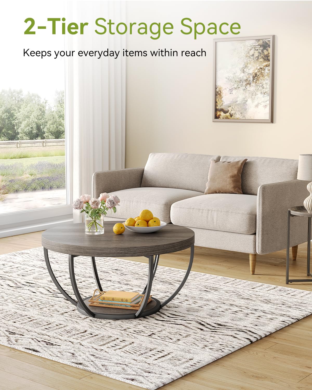 LITTLE TREE Round Coffee Table 32 Inch Round Coffee Table for Living Room 2 Tier Wood Accent Center Table with Open Storage Industrial Design Home Furniture (Wood Grain and Black)