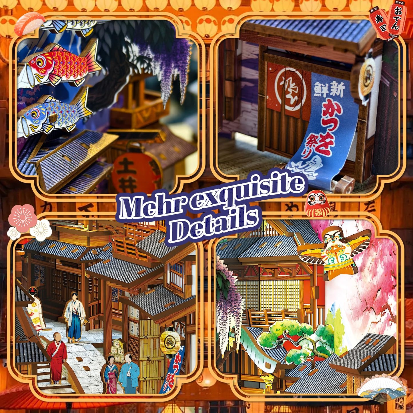 Book Nook Japan, Sakura Straße Booknook Japanischer Kit, 293PCS DIY Miniature House mit Licht, 3D Puzzle für Erwachsene und Heranwachsende, Japanische Deko Holzpuzzle Erwachsene Bücherregaldekoration