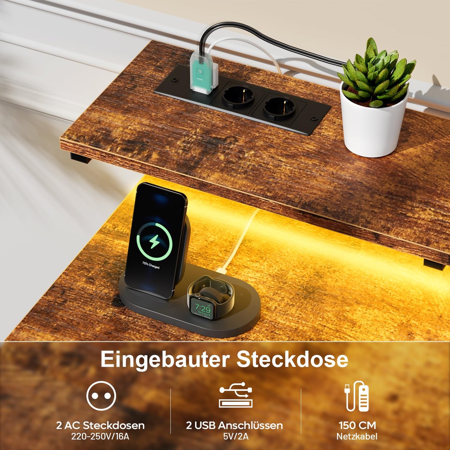 Schreibtisch mit 8 Schubladen, Computertisch mit 2 Steckdosen und 2 USB Ladeanschluss, Bürotisch mit LED und Monitorständer, PC Tisch für Büro, Wohnzimmer, 120 x 50 x 74 cm, Weiß