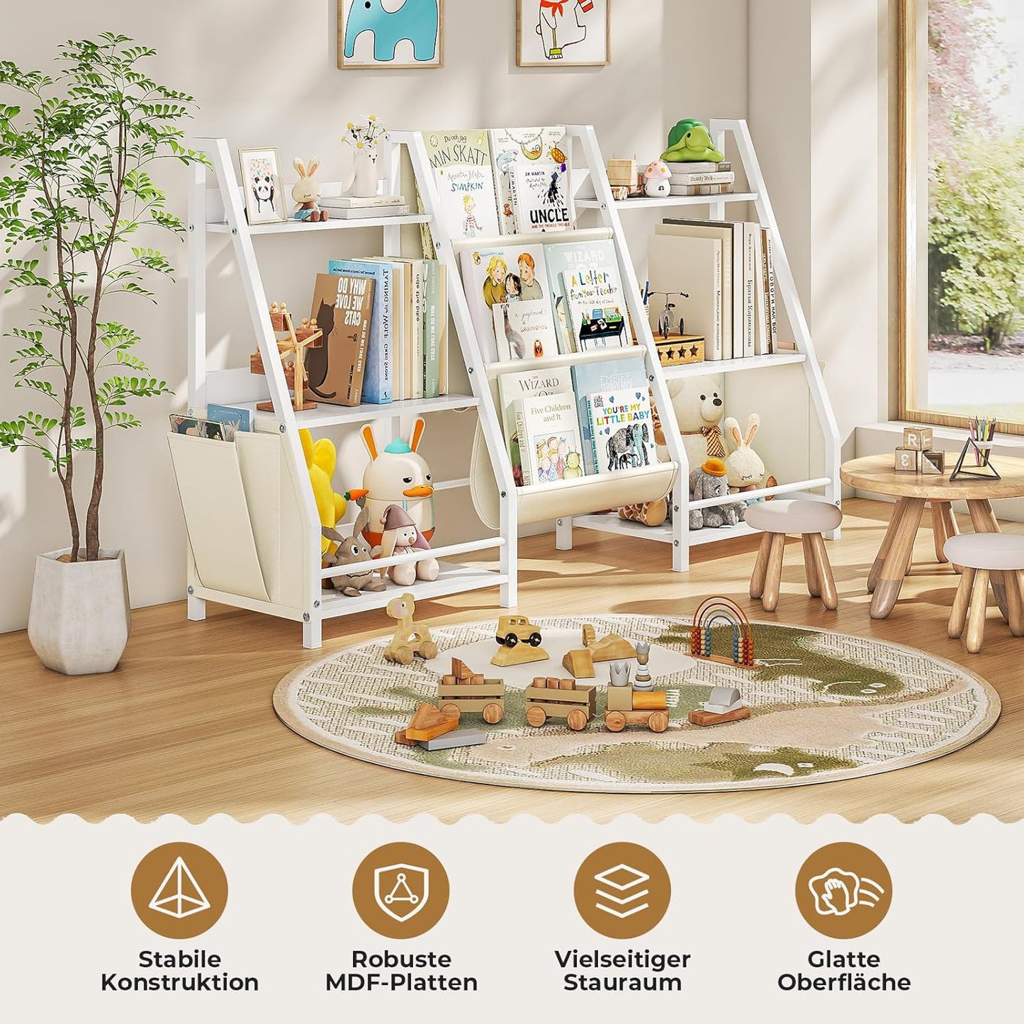 Children's Bookcase with 3 Shelves and 6 Open Compartments, Children's Bookcase for Storing Picture Books and Toys, 127 x 30 x 72 cm, White Children's Room Furniture