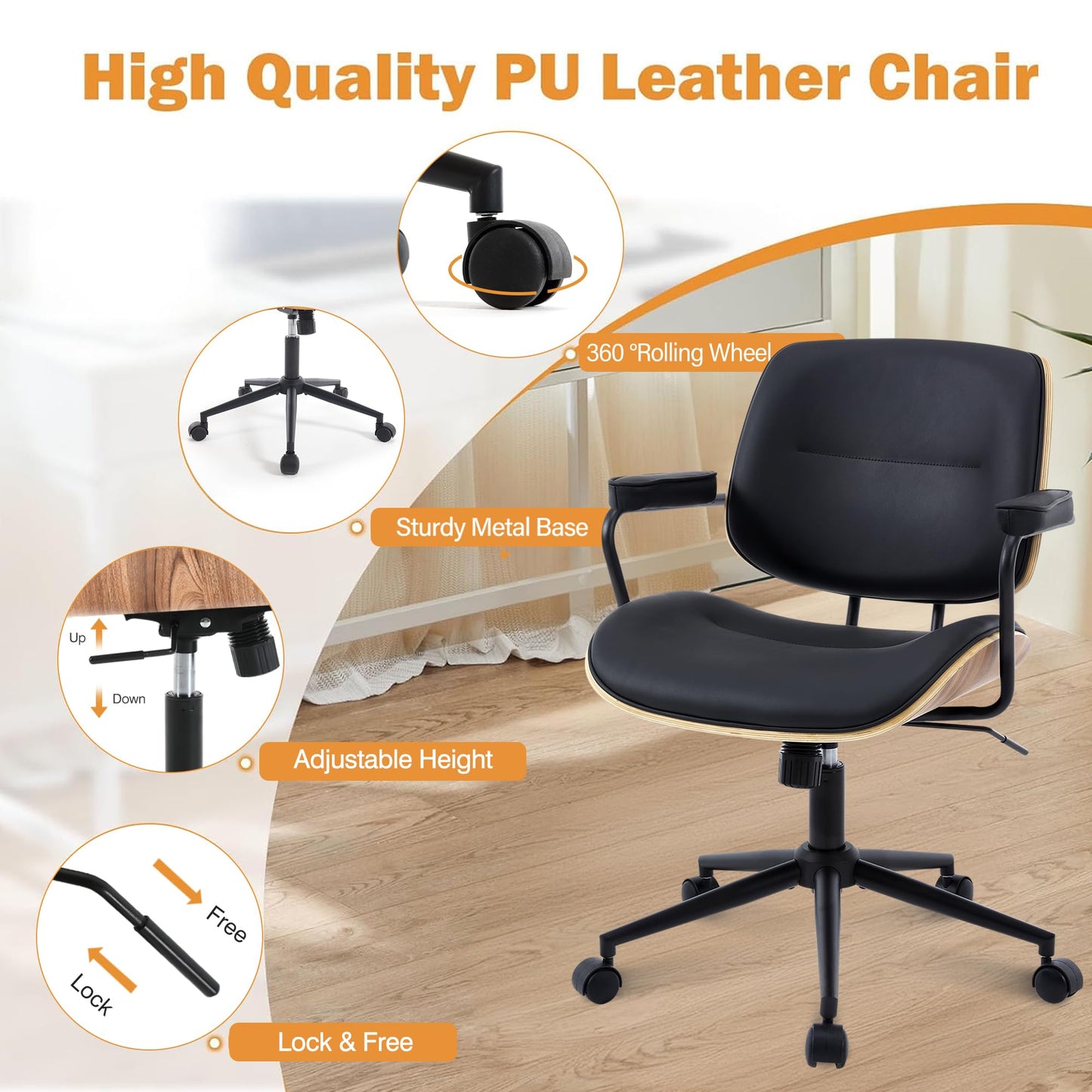 BERYTH Home Office Swivel Chair with Armrests Medieval Modern Office Chair 360° Rotatable Height Adjustable Desk Chair Makeup Chair for Office, Study, Bedroom Maximum Load 136 kg, Beige