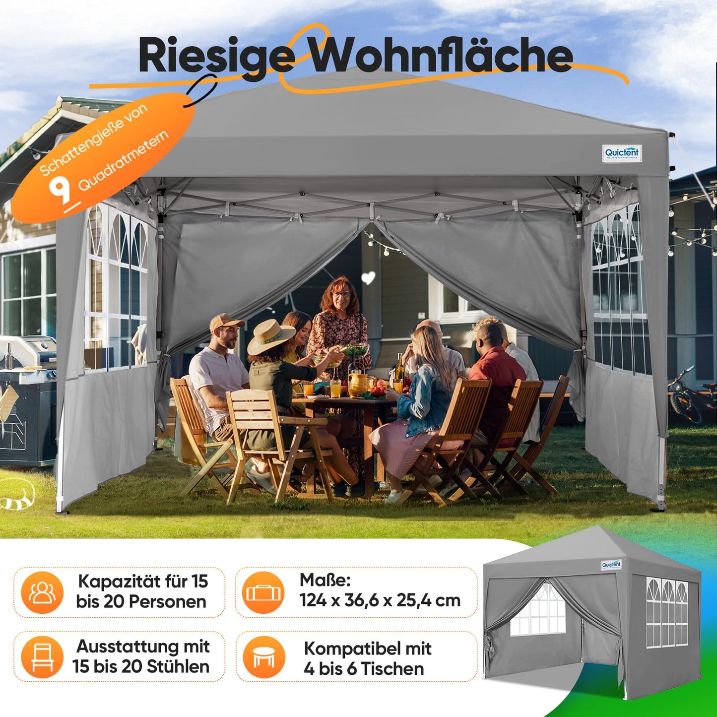 Quictent Gazebo 3 x 3 Folding Gazebo with 4 Side Panels, Waterproof Garden Gazebo (Khaki)