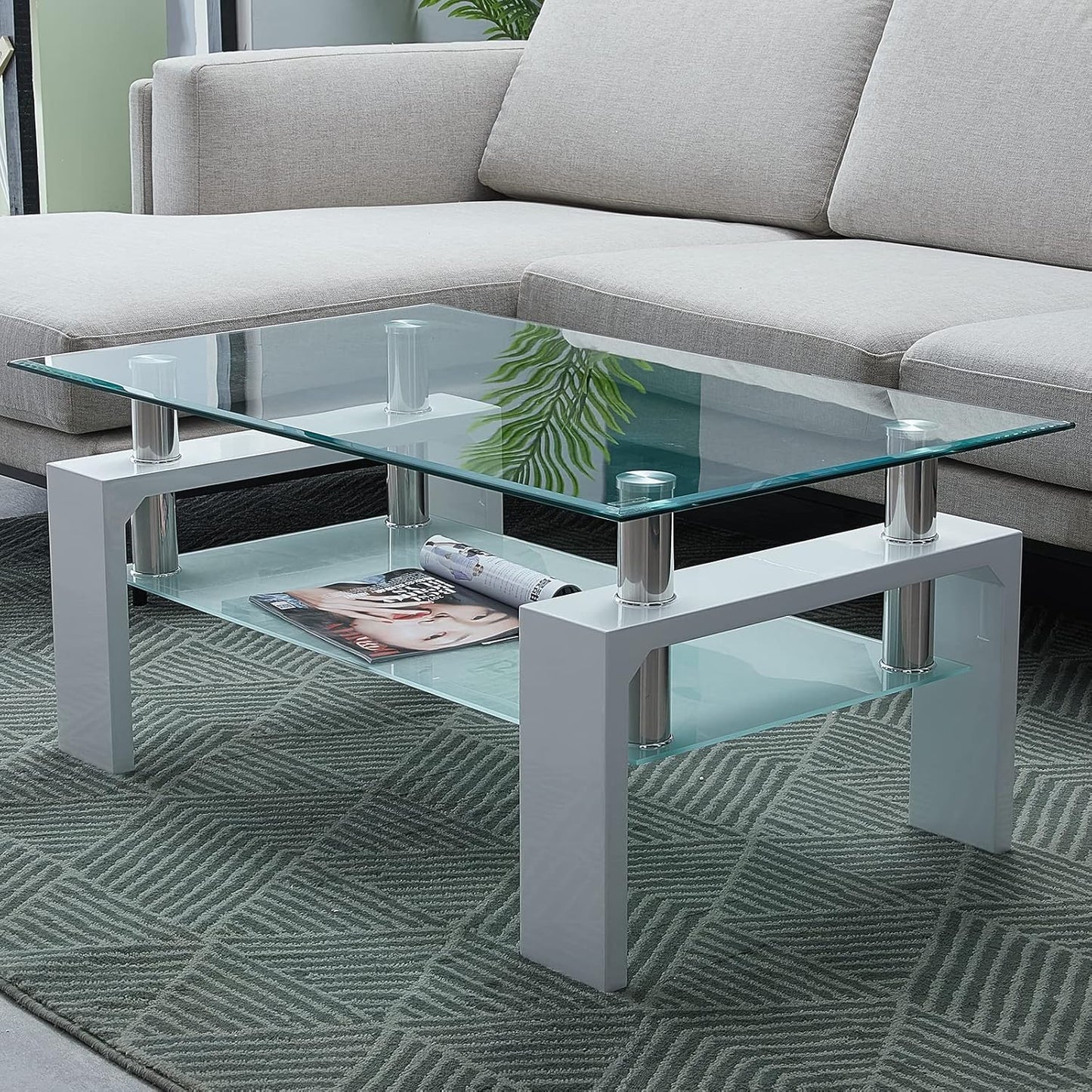 CLIPOP Rectangular Coffee Table Made of Tempered Glass, Living Room Table, Modern Sofa Table with Storage Space, Coffee Table, Glass Table with Lower Shelf for Living Room, Balcony, Bedroom, 100 x 60