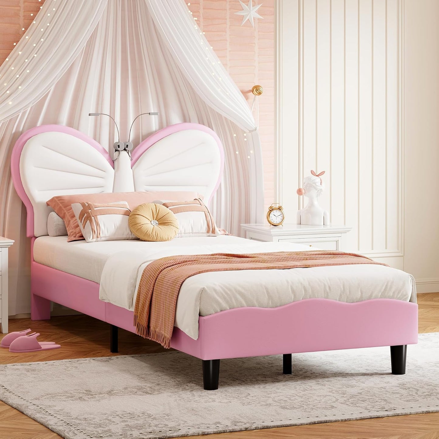 Upholstered Sofa Bed 140 x 200 cm, with Ambient Light and USB Connection, Children's Bed with Slatted Frame, Functional Bed, Teenager's Bed, Lambswool Material, Pink