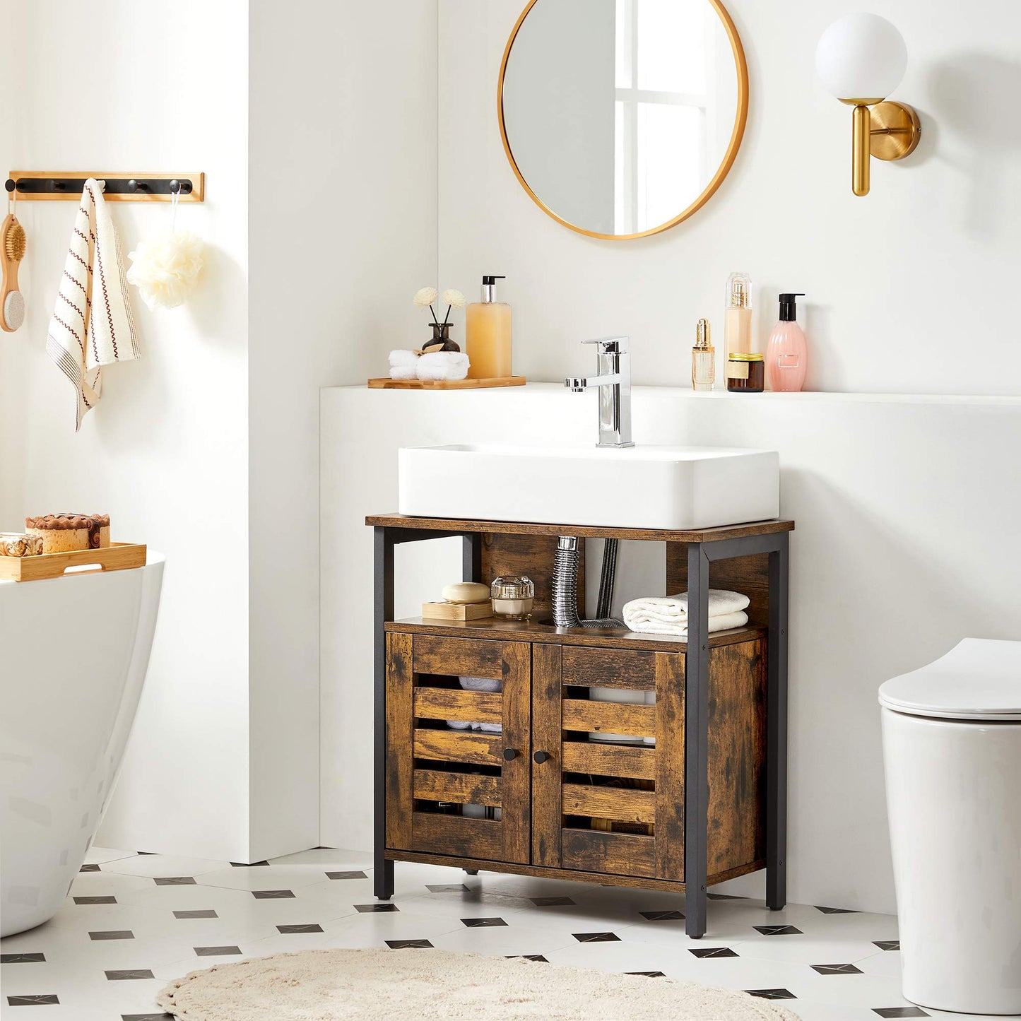 Vasagle BBC05WT Scandinavian Style Bathroom Cabinet, Storage Cabinet 60 x 30 x 60 cm with 2 Slat Doors, Adjustable Shelf with Handles - Matt White