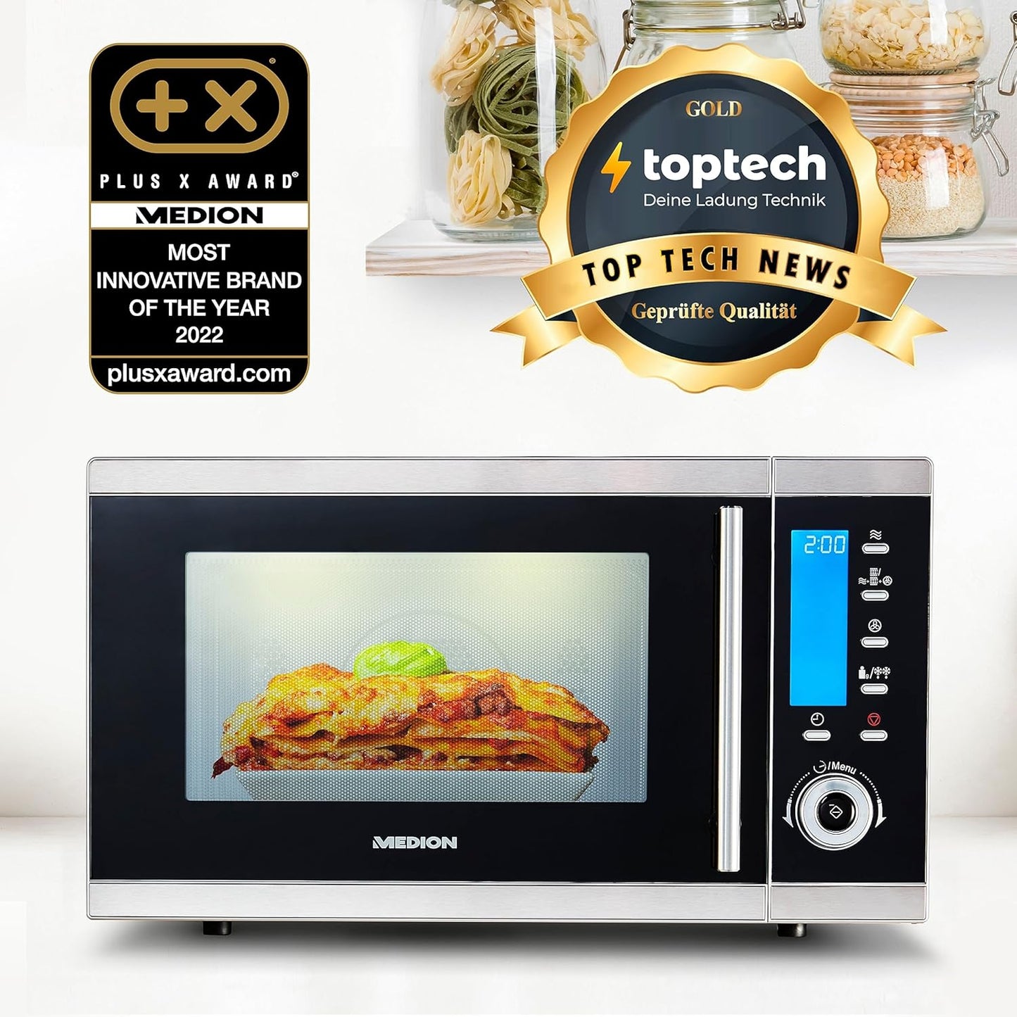 Medion MD 15501 4 in 1 Microwave with Grill / 25 Litres / 900 Watt / 1100 Watt Grill / 2500 Watt Hot Air / 10 Automatic Programs / Silver