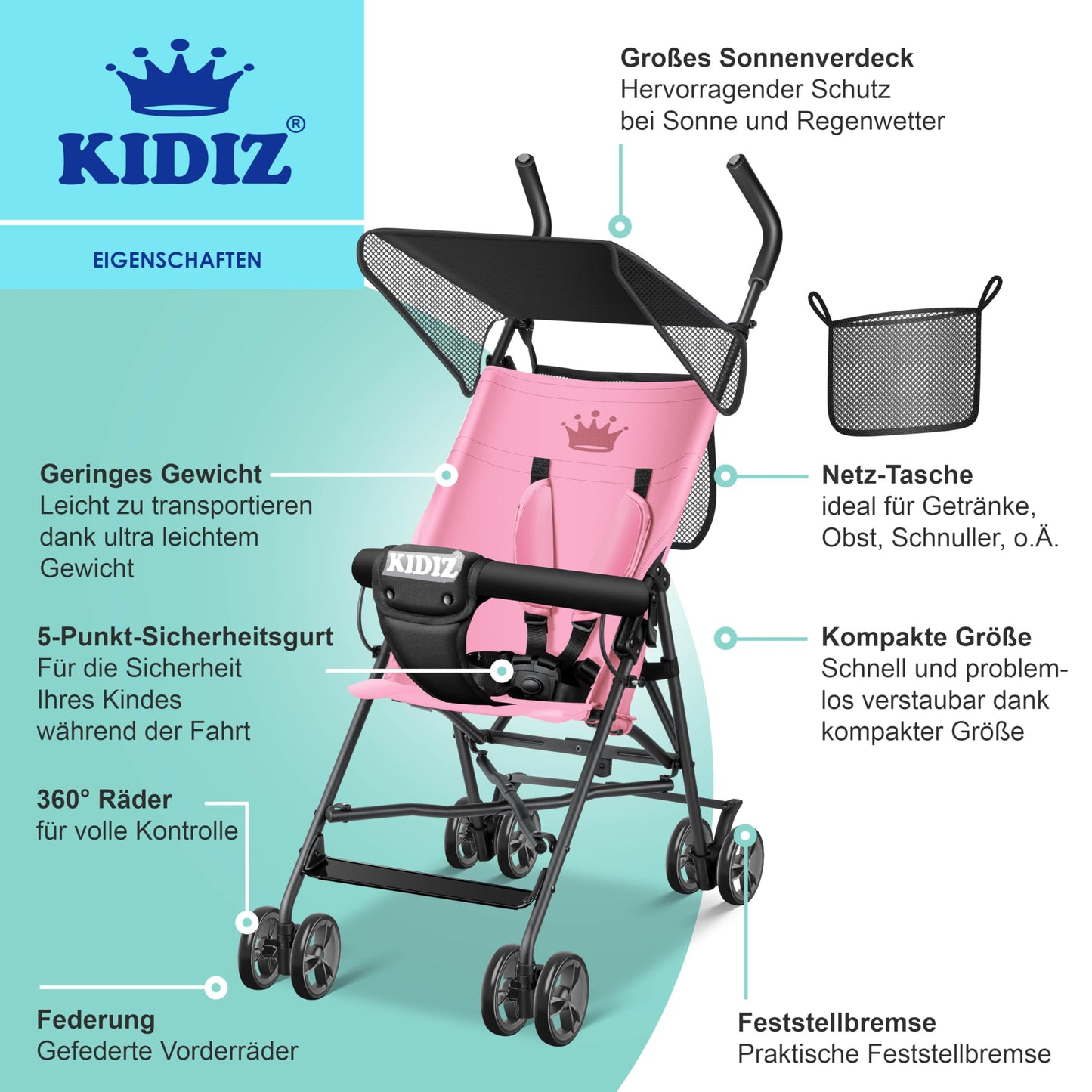 KIDIZ® City Buggy Foldable 360° 4 Inch Wheels Including Sun and Rain Cover Foldable 5-Point Safety Belt from 6 Months Anthracite