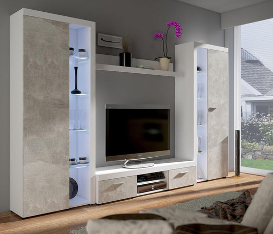 Kuechen-preisbombe TOP Wohnwand Rumba XL Anbauwand Wohnkombi Wohnzimmer Beton Optik + Weiss matt