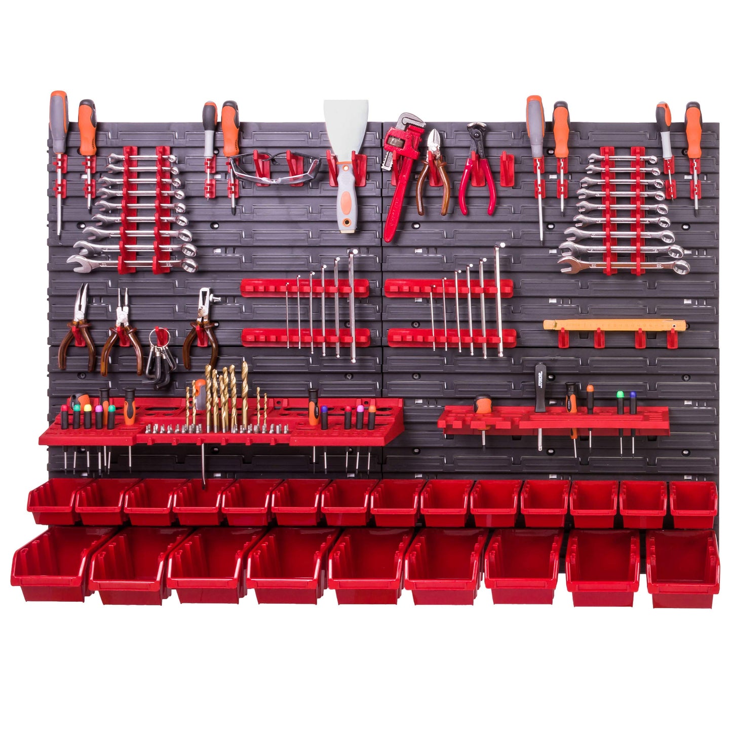 Storage System Wall Shelf 115 x 78 cm, Tool Holders, 23 Pieces Stacking Boxes Storage Boxes Extra Strong Wall Shelves Expandable Workshop Shelving Workshop Shelf