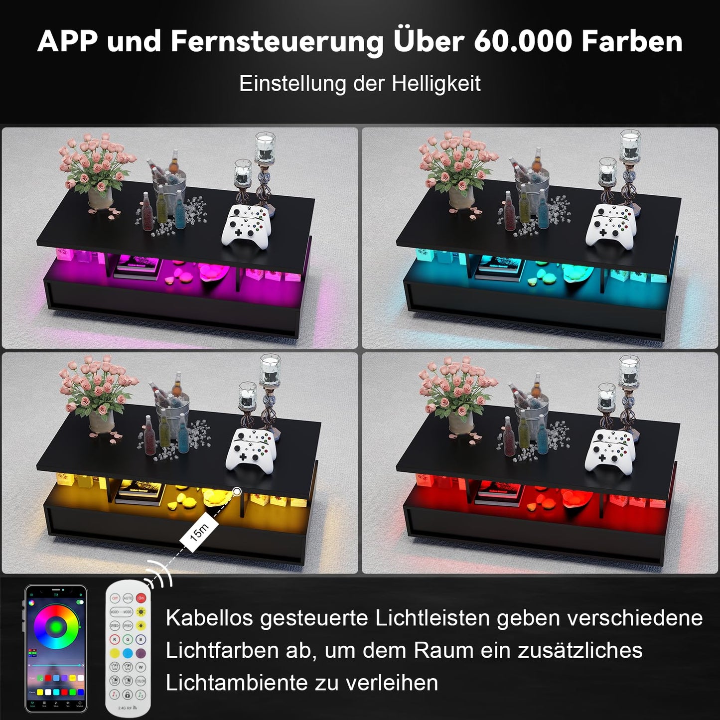 YU YUSING LED Coffee Table, Living Room Table, Coffee Table with 2 Drawers, 2 Shelves, 6000 Coloured LED Lighting, Remote Control, App Control, Side Table with Open, 105 x 50 x 39 cm, Modern White