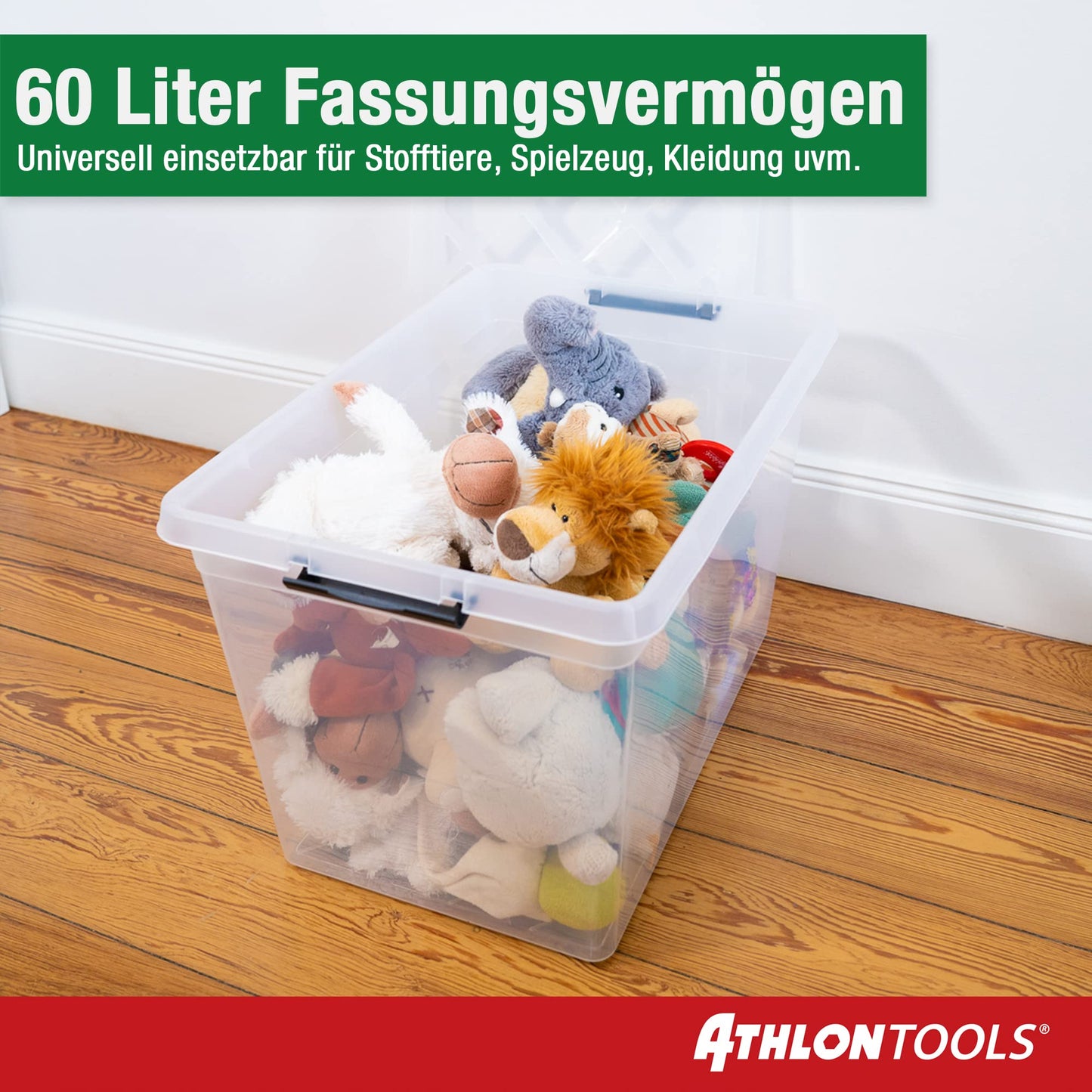ATHLON TOOLS 4 x 60 L Storage Boxes with Lid, Food-Safe, Locking Clips, 100% New Material Plastic Box, Transparent, Clothes Boxes, Stackable