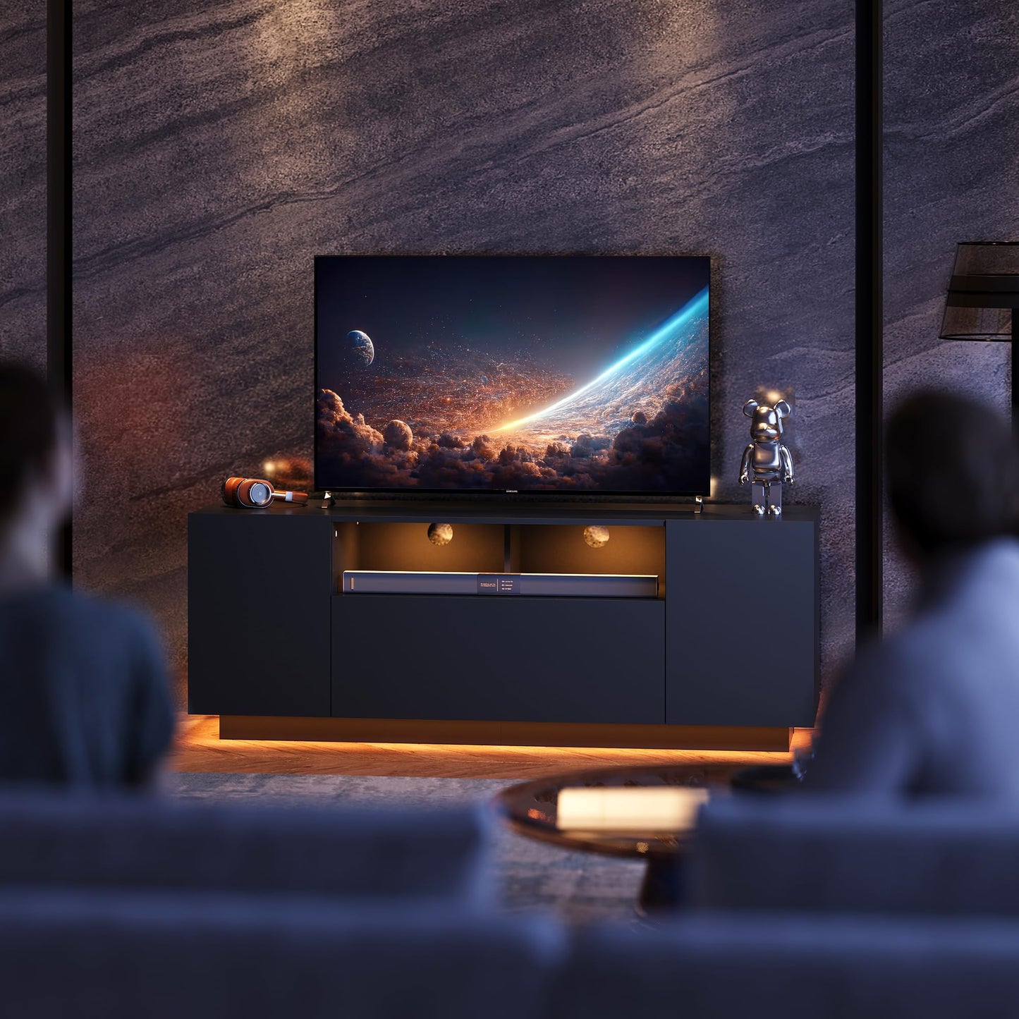 WLIVE TV Cabinet Black Lowboard High Gloss with 20 Colours LED Lighting, TV Board with Cabinets and 2 Open Surfaces, TV Table with Folding Door, 122 x 36 x 45 cm, Black