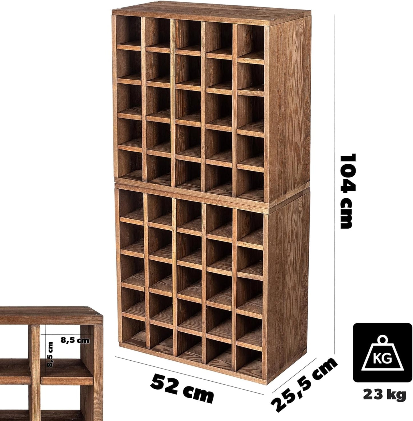 KADAX Wooden Wine Rack, 52 x 25.5 x 104 cm, Large Bottle Rack for Many Wine Bottles, Stackable Wine Stand, Shelf for Bottles, Rustic Wine Cabinet, Sturdy, Space-Saving, Made in EU