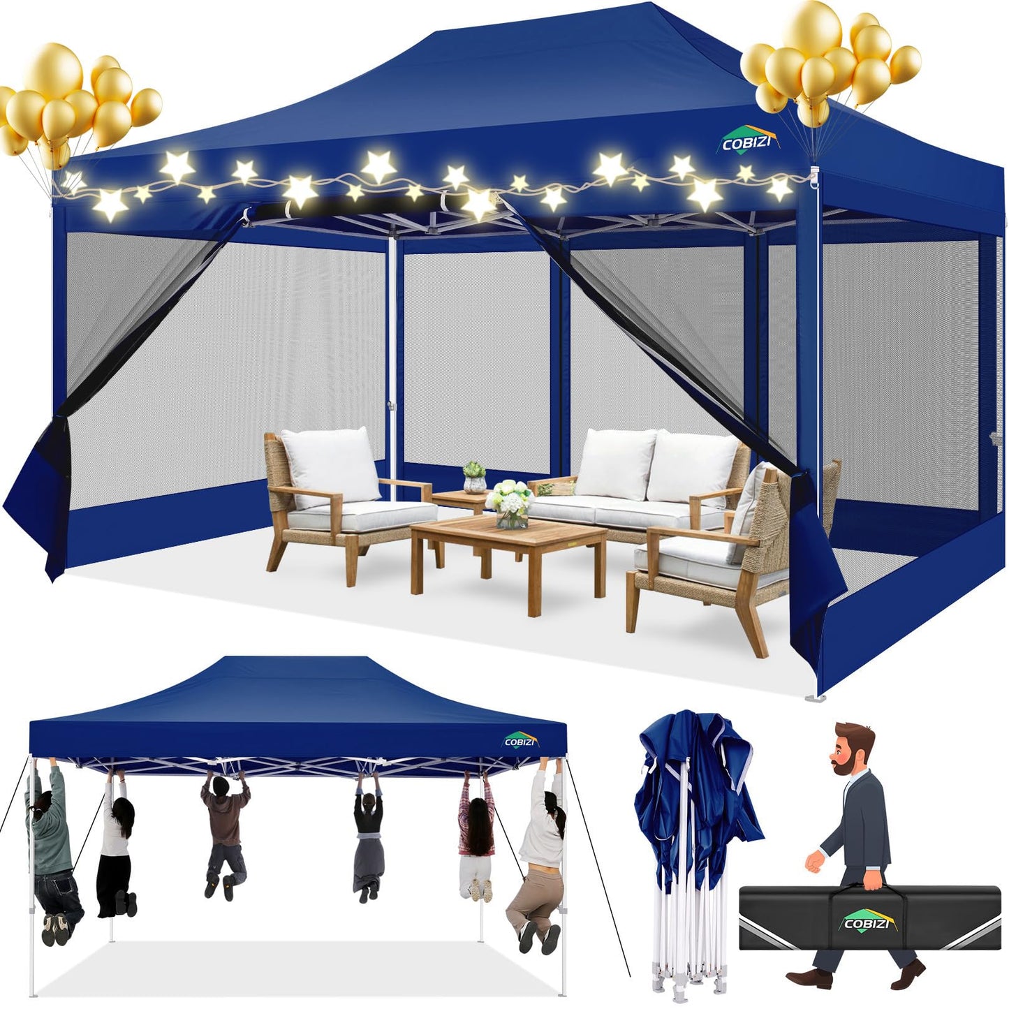 COBIZI Pavillon 3x3 Faltpavillon 3x3 Wasserdicht Stabil, Partyzelt Gartenpavillon UV-Schutz mit 4 Seitenwänden aus Mesh, Schwarz