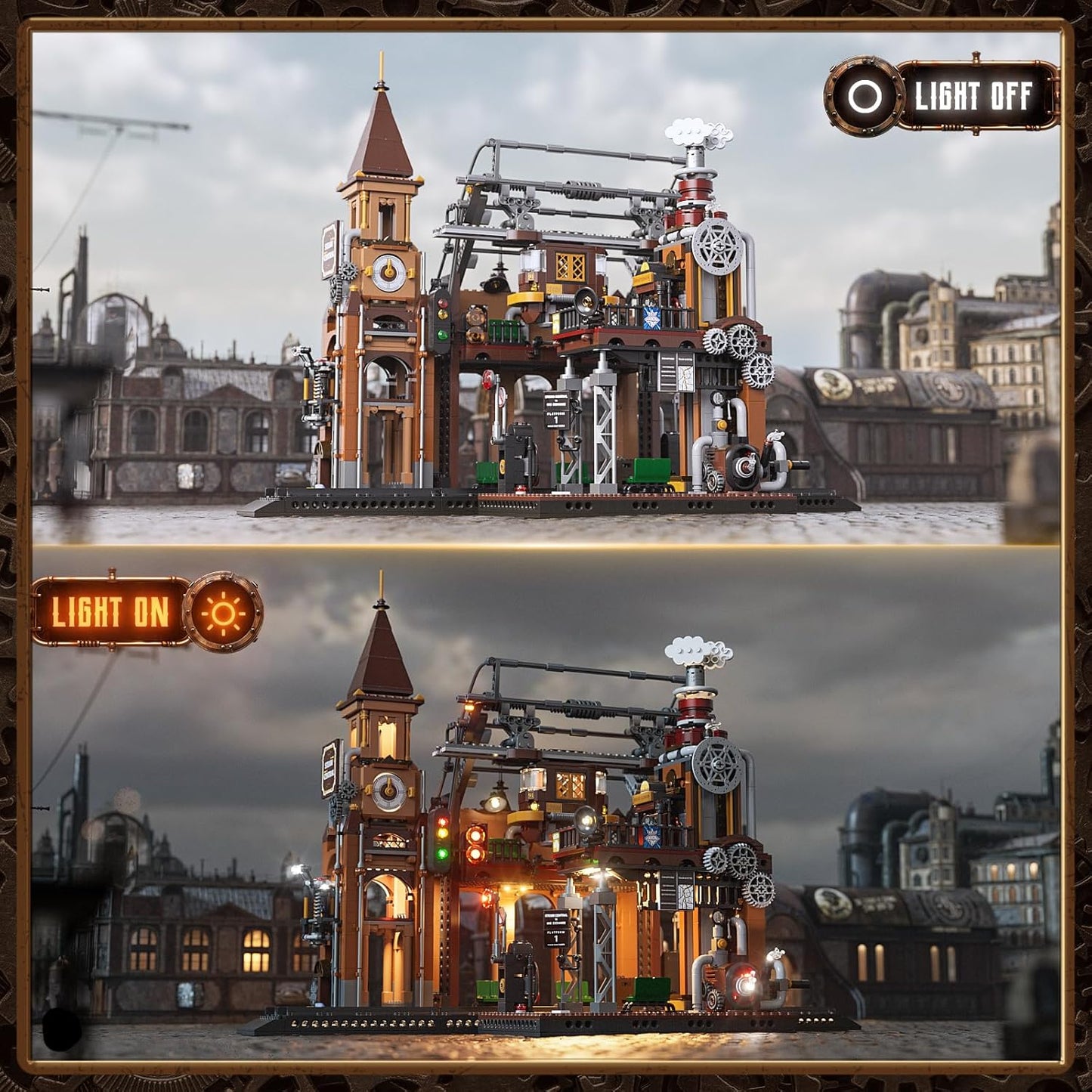 FUNWHOLE Railway Station Lighting Building Blocks Set - 1917 Pieces LED Lighting Modular Construction Model Set for Adults and Teenagers