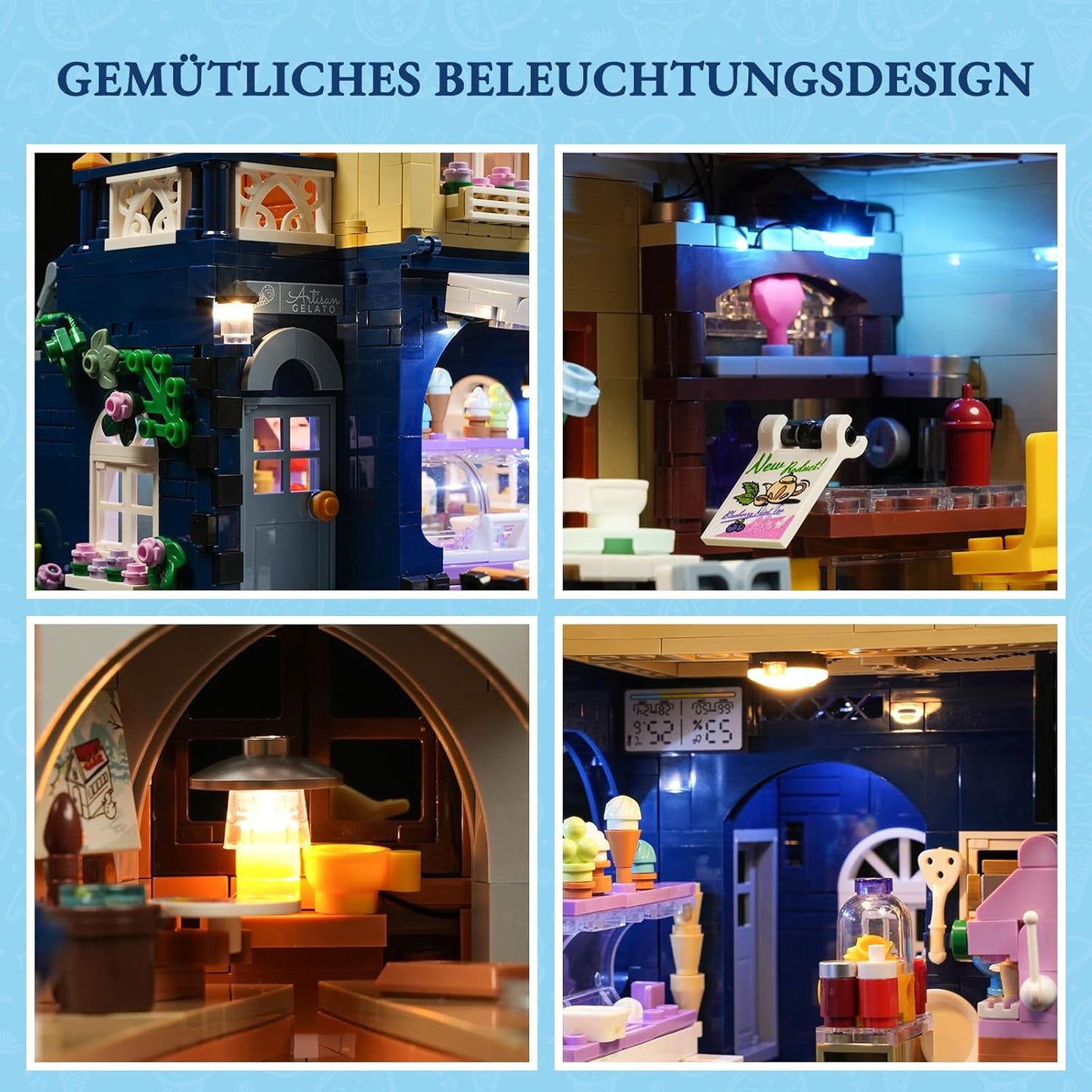FUNWHOLE Stadtleben Eisdiele Klemmbausteine Haus,Modular Building mit Beleuchtung,F9078,Gelato Store