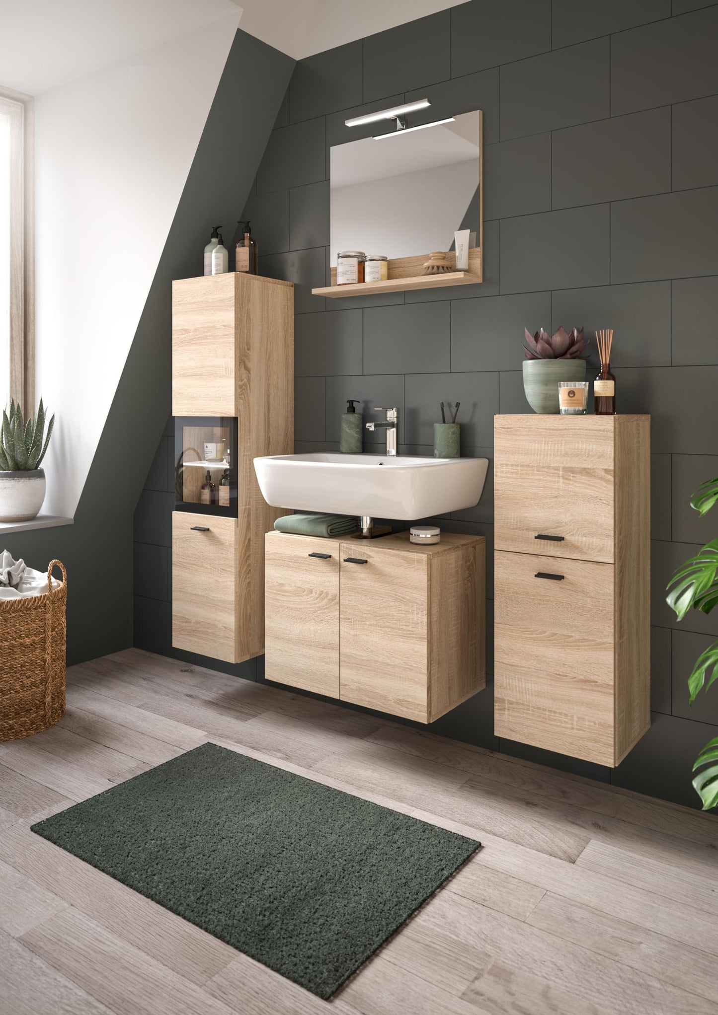 Boston Bathroom Cabinet, Standing Wall Cabinet, Hanging Cabinet, Wall Cabinet, Sonoma Oak Wood, Approx. 30 x 80 x 29 cm, Floor Standing/Hanging Mountable
