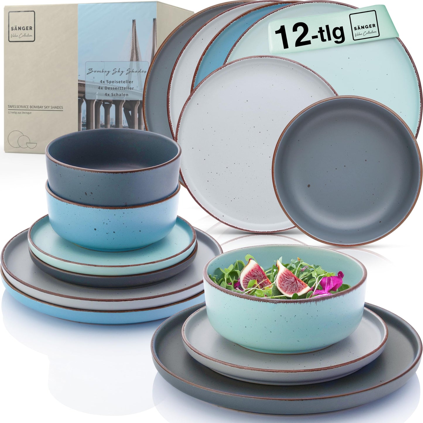 SÄNGER Bombay Seabed Crockery Service 20 Pieces, Stoneware Crockery for 4 People, 4 x Dinner Plates, 4 x Dessert Plates, 4 x Bowls, 4 x Pasta Plates, 4 x Coffee Mugs, Plate Set Colourful Value