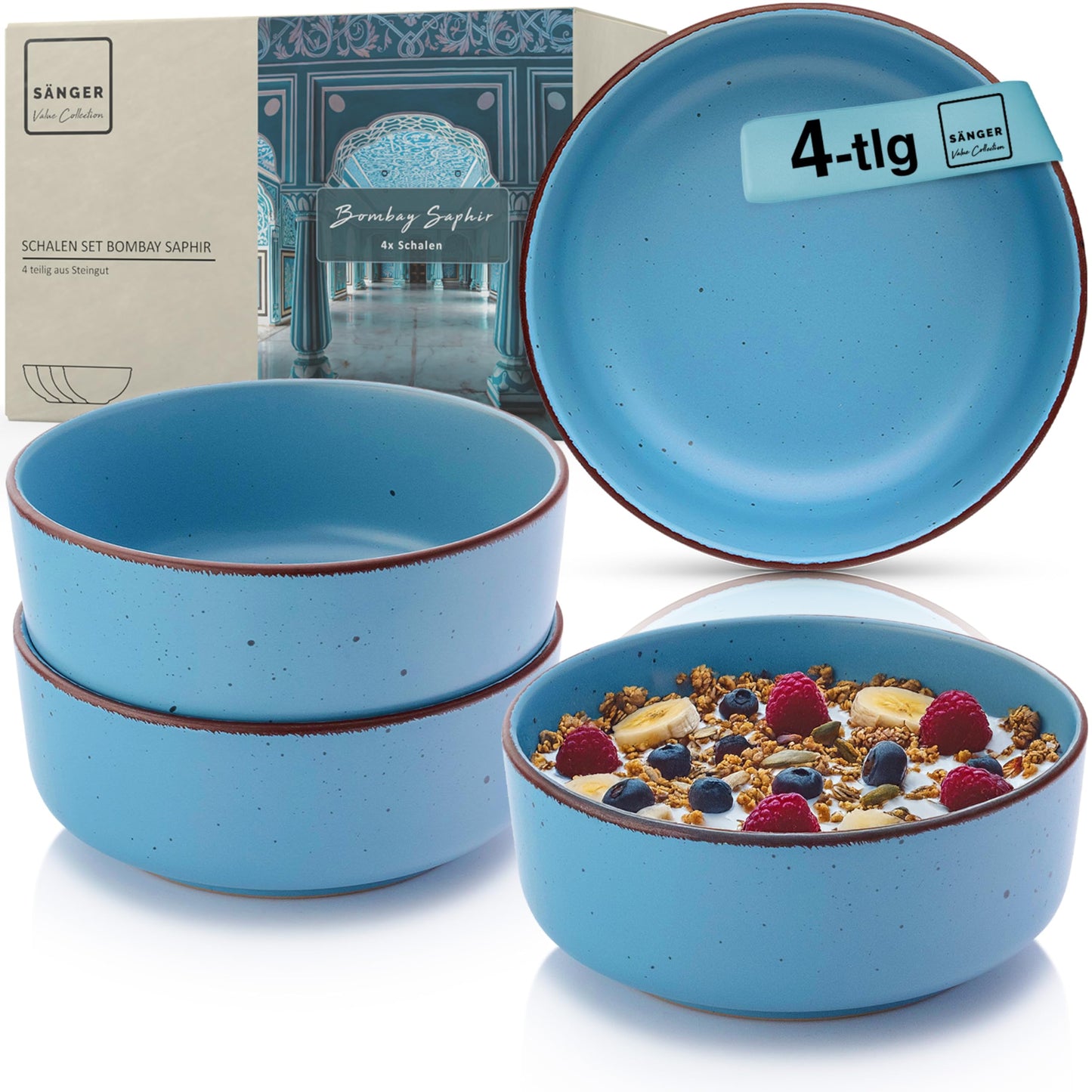 SÄNGER Bombay Seabed Crockery Service 20 Pieces, Stoneware Crockery for 4 People, 4 x Dinner Plates, 4 x Dessert Plates, 4 x Bowls, 4 x Pasta Plates, 4 x Coffee Mugs, Plate Set Colourful Value