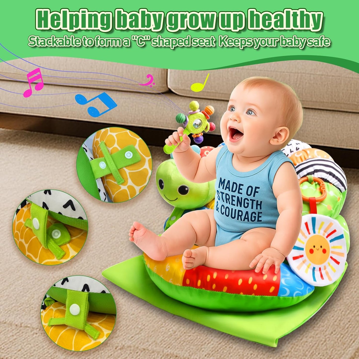 Charmofun Tummy Time Toys Spielkissen, 3 in 1 Bauchlage Spielzeug Baby, Abnehmbar Raupe für Baby, Bauchlage Helfen Sitzen Stützen Babyspielzeug 3 6 9 Monate mit Rassel, Beißring, Spiegel