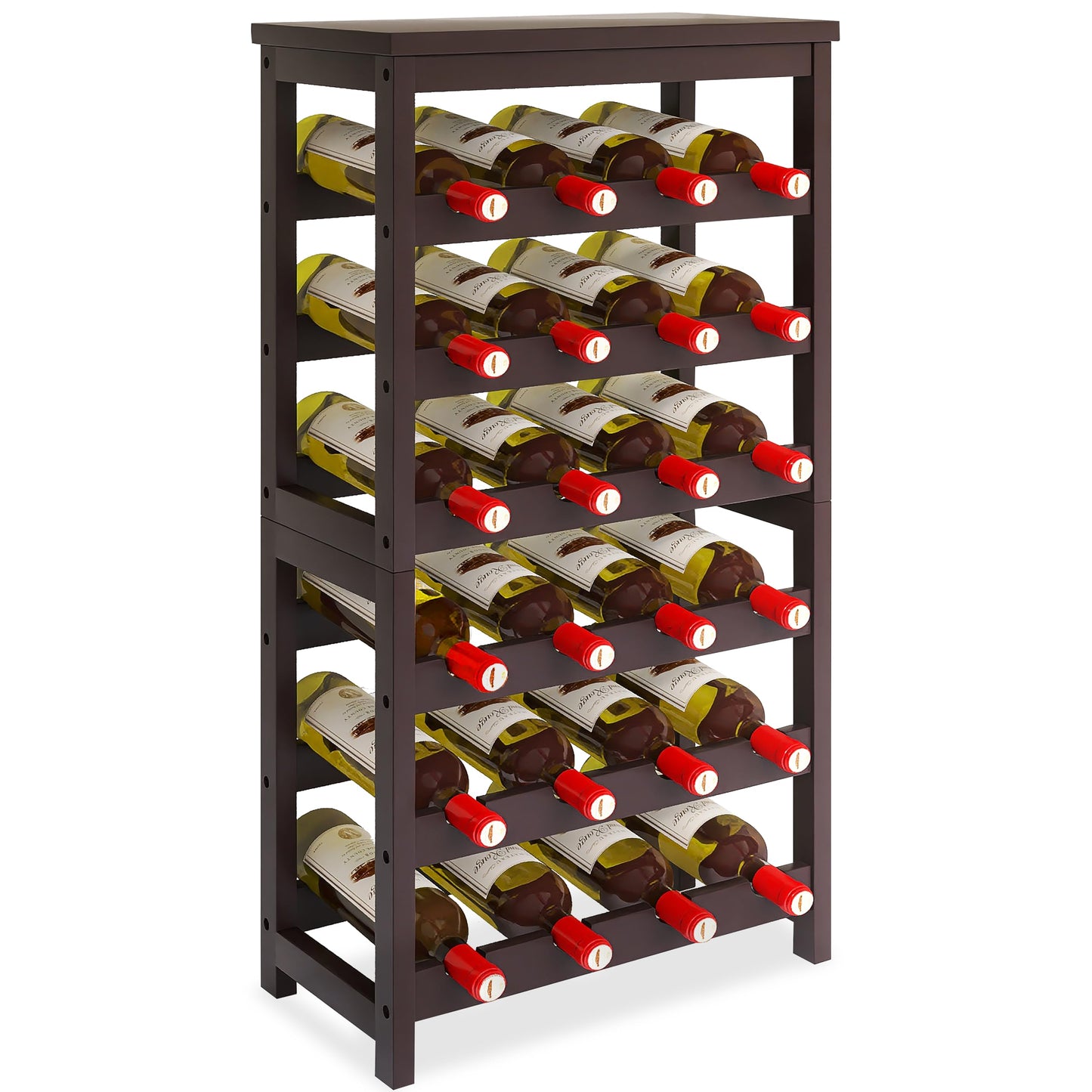 24 Bottle Wine Rack Freestanding Base, 6 Tier Wine Display Storage Shelves with Table Top, Bamboo Wine Bottle Holder Stand with Wave Bars for Kitchen, Dining Room, Pantry, Black