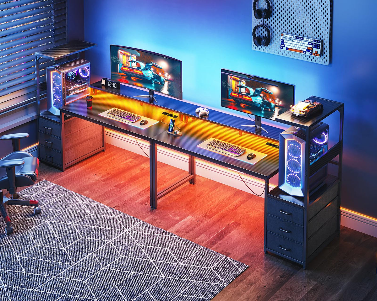 Coleshome Gaming Table with Drawers, 151 x 50 cm Gaming Desk with LED Lighting & Socket, Computer Desk with Shelves & Monitor Stand, Carbon Fibre Black