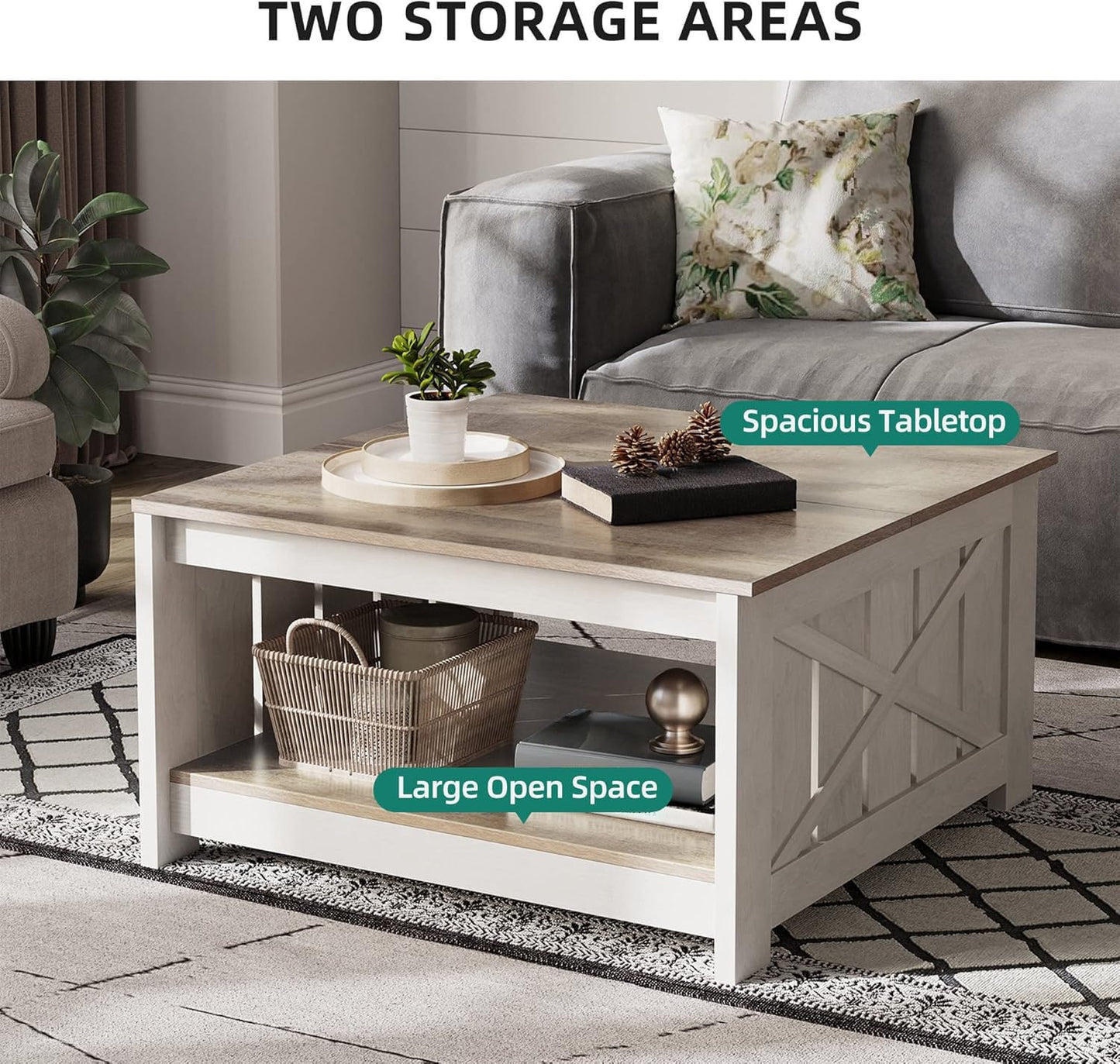 YITAHOME Coffee Table, Square Living Room Table 2-Tier Coffee Table with Storage Space for Couch Bedroom, Sturdy Metal Frame, 80 x 80 x 45 cm