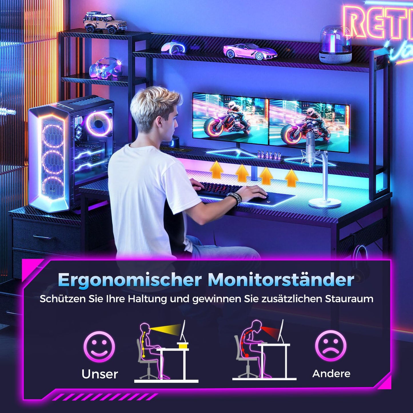 Coleshome Gaming Table with Shelf and Drawers, 137 x 48 cm Gaming Desk with LED Lighting and Socket, Computer Desk with Shelves and Monitor Stand, Carbon Fibre Black