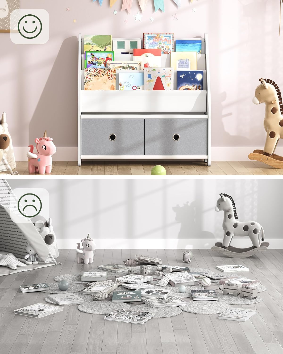 Kids Bookcase, Kids Shelf, Toy Organiser, with 3 Fabric Compartments and 2 Pull Out Toy Boxes, for Kids 3-8 Years Old, for Nursery Playroom, White and Grey DMCW06WT