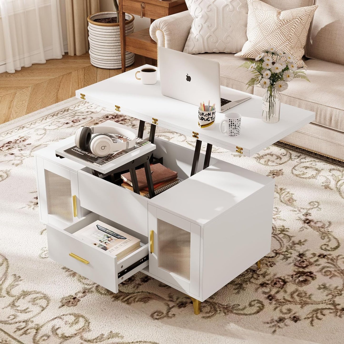 VOWNER Coffee Table Height Adjustable, 3-in-1 Multifunctional Living Room Table with Drawer, Coffee Table with Storage Space, Convertible into Living Room Dining Table, White