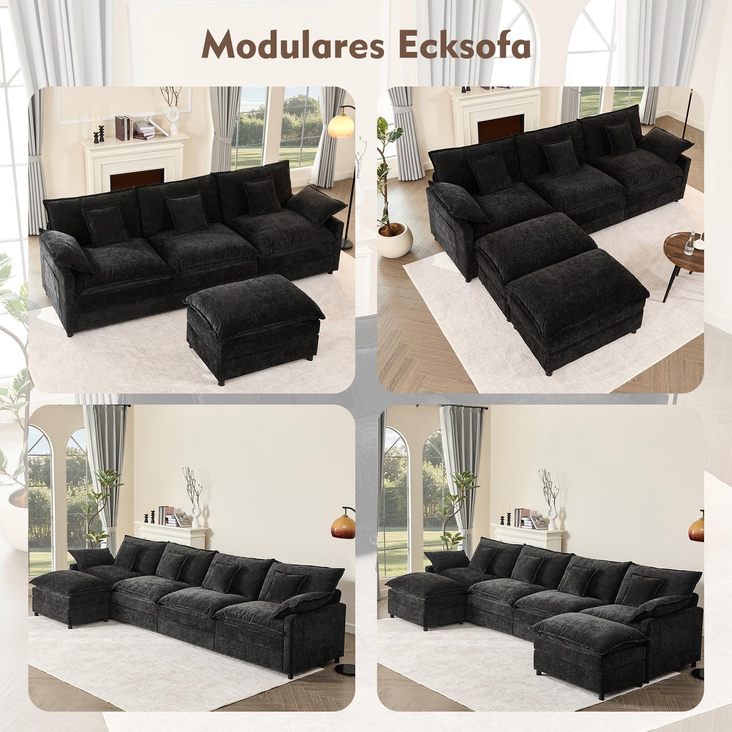 Litbird U-förmiges modulares Sofa 3-Sitzer Ecksofa mit Hocker, tiefes Sitzdesign, Cloud Couch für Wohnzimmer(Hellbraun)