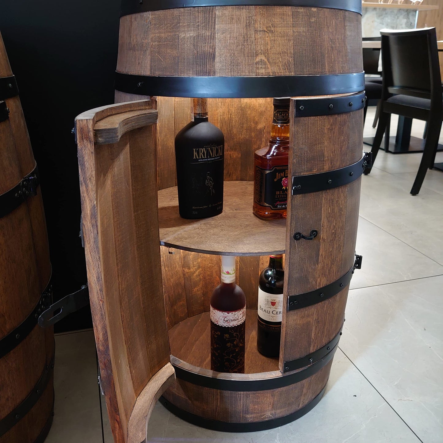CREATIVE COOPER Wooden Wine Rack with Door with LED - Alcohol Cabinet Bottle Rack Wood - Wooden Barrel - Barrel Furniture - Wine Stand - Wine Barrel - Wine Bar - Barrel Bar with Door - Mini Bar 80 cm