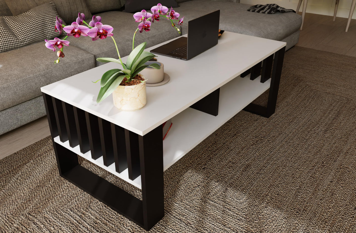 Meble Pitus Coffee Table White - Modern Living Room Table 90 x 50 x 50 cm with Storage Space & Slat Design