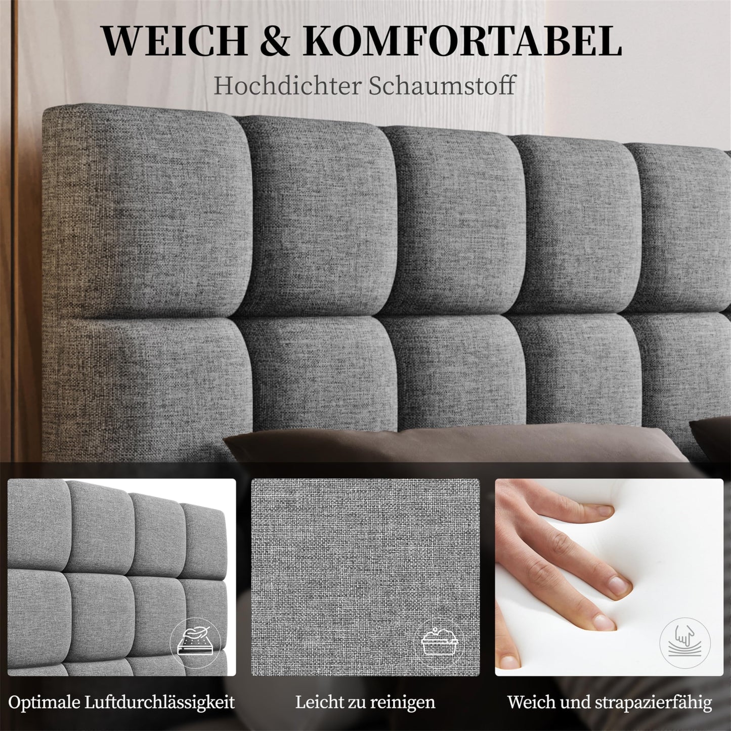 Yaheetech Upholstered Bed 140 x 200 cm Double Bed with Height-Adjustable Headboard, Sturdy Bed Frame, Fabric Bed with Slatted Frame, Padded Bed Frame, Youth Bed, Dark Grey