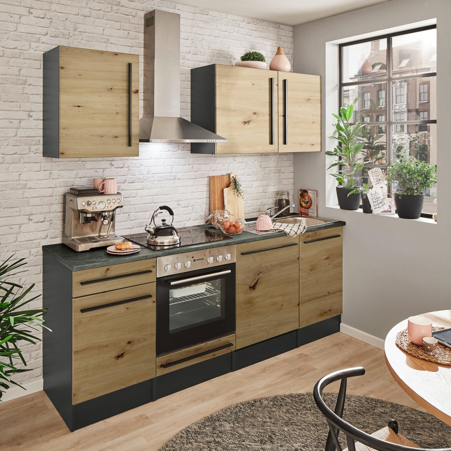 Jazz 8 Modern Kitchen Unit without Electrical Appliances in Anthracite, Artisan Oak Look, Spacious Fitted Kitchen with Lots of Storage Space, 220 x 211 x 60 cm (W x H x D)