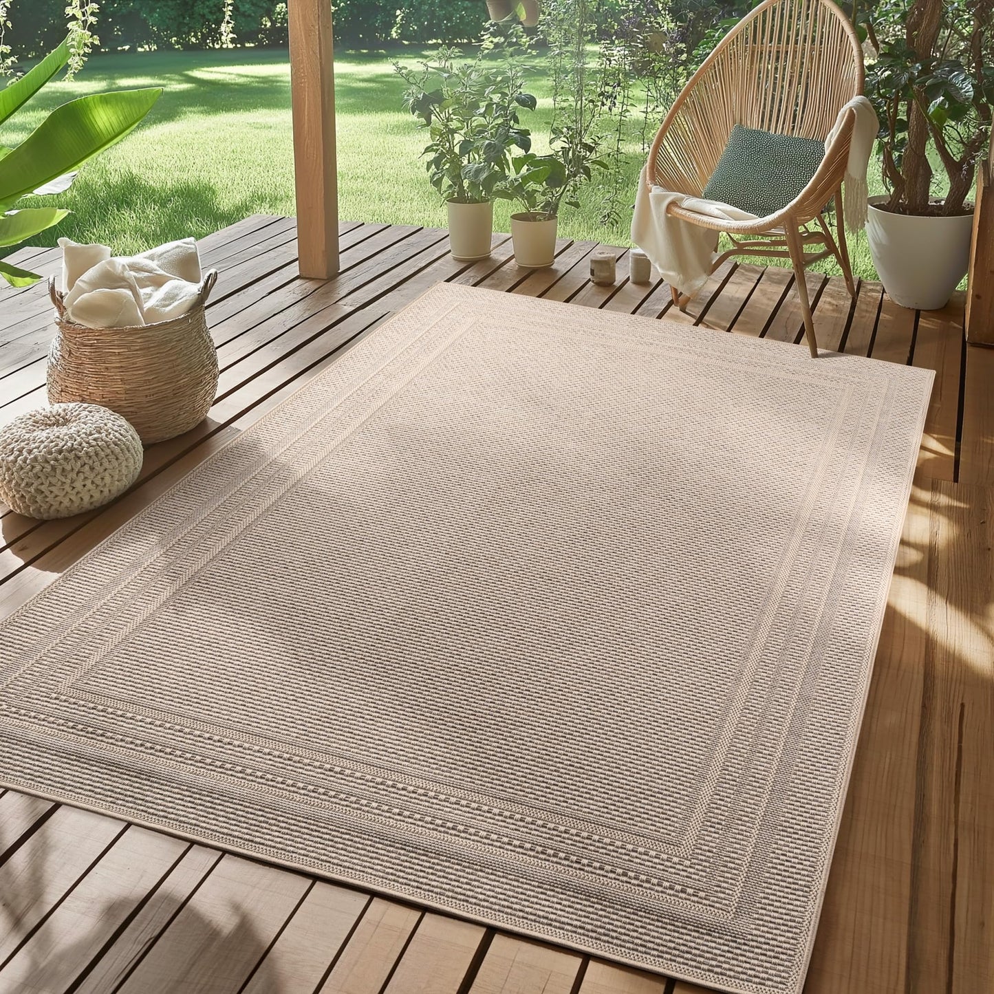 SIMPEX Outdoor Teppich Wetterfest Beige 140x200 cm, UV-beständig, ideal für Küche, Balkon, Terrasse, Garten Wohnzimmer Esszimmer, Skandinavisches Boho-Design, Pfelgeleicht